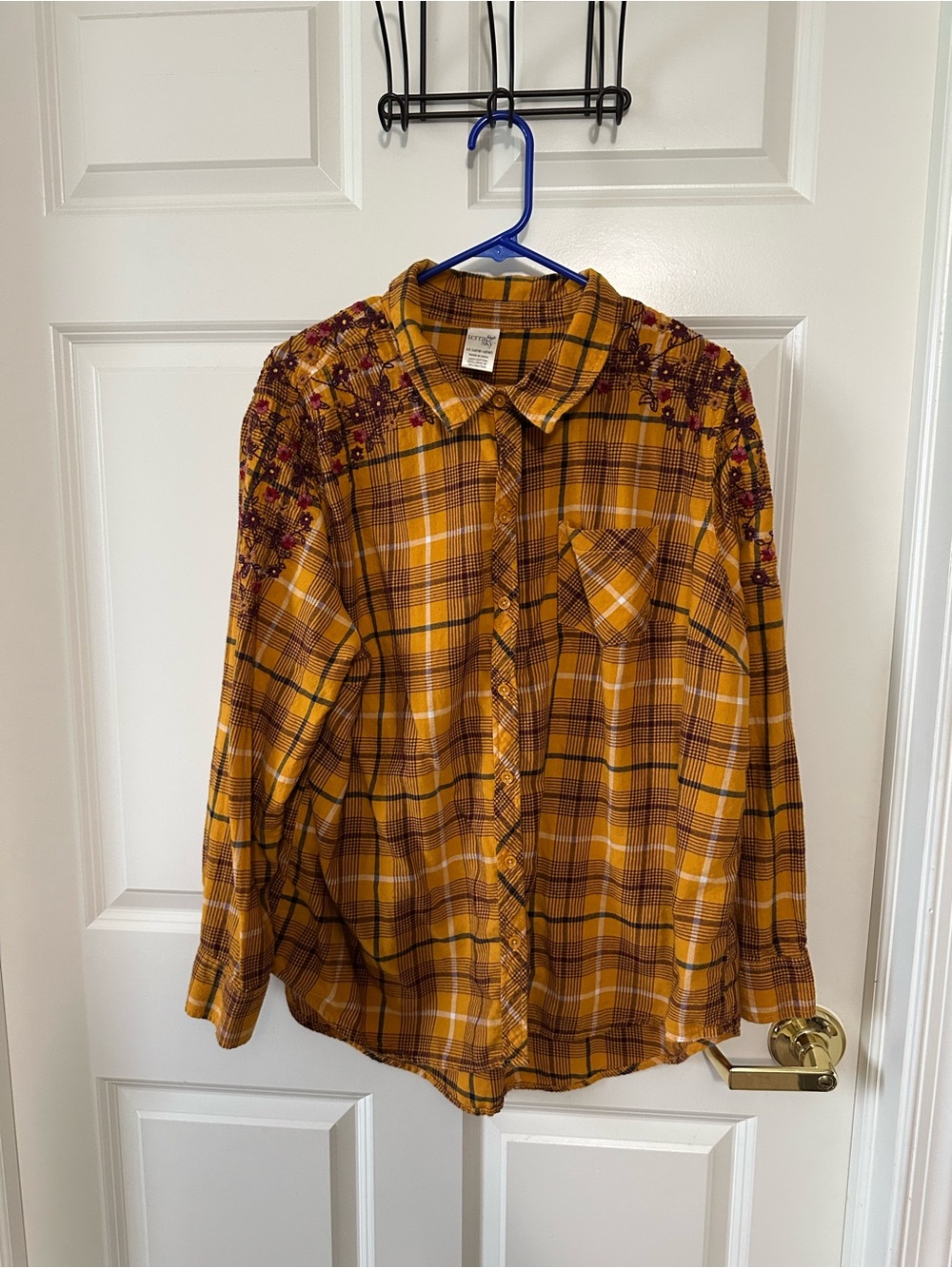 Terra Sky Shirt 1X Womens Cotton Flannel Yellow Plaid Floral Embroidery Boho